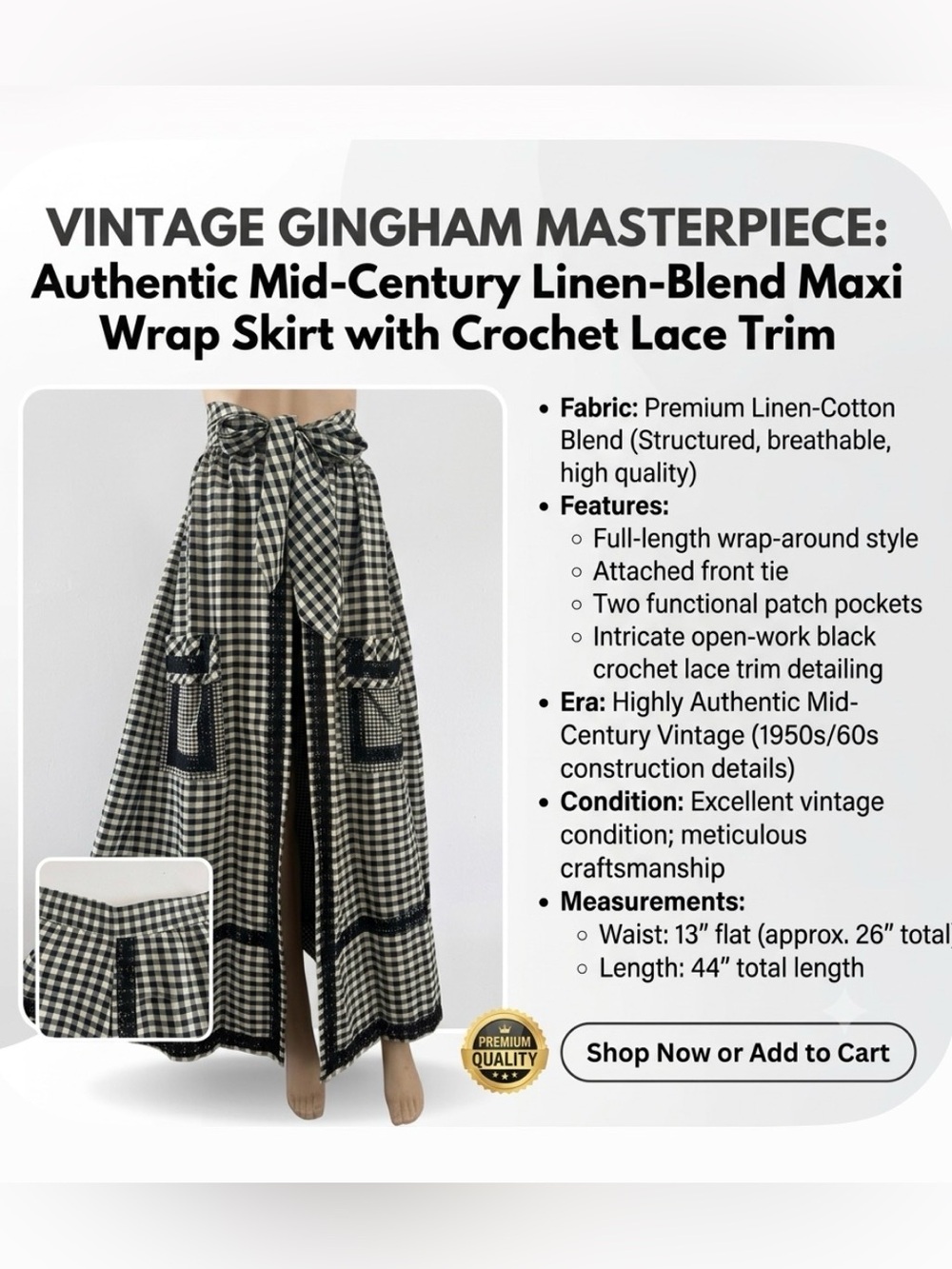 Authentic Vintage Mid-Century Gingham Wrap Skirt | Linen-Blend |26” Cottagecore